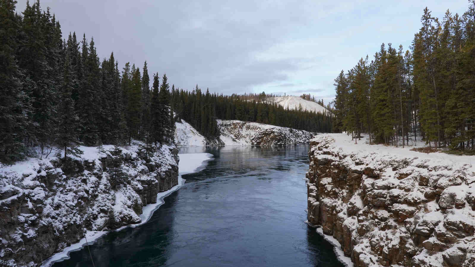 Miles Canyon along the Yukon River in Northern Canada, covered in a fresh blanket of white snow.