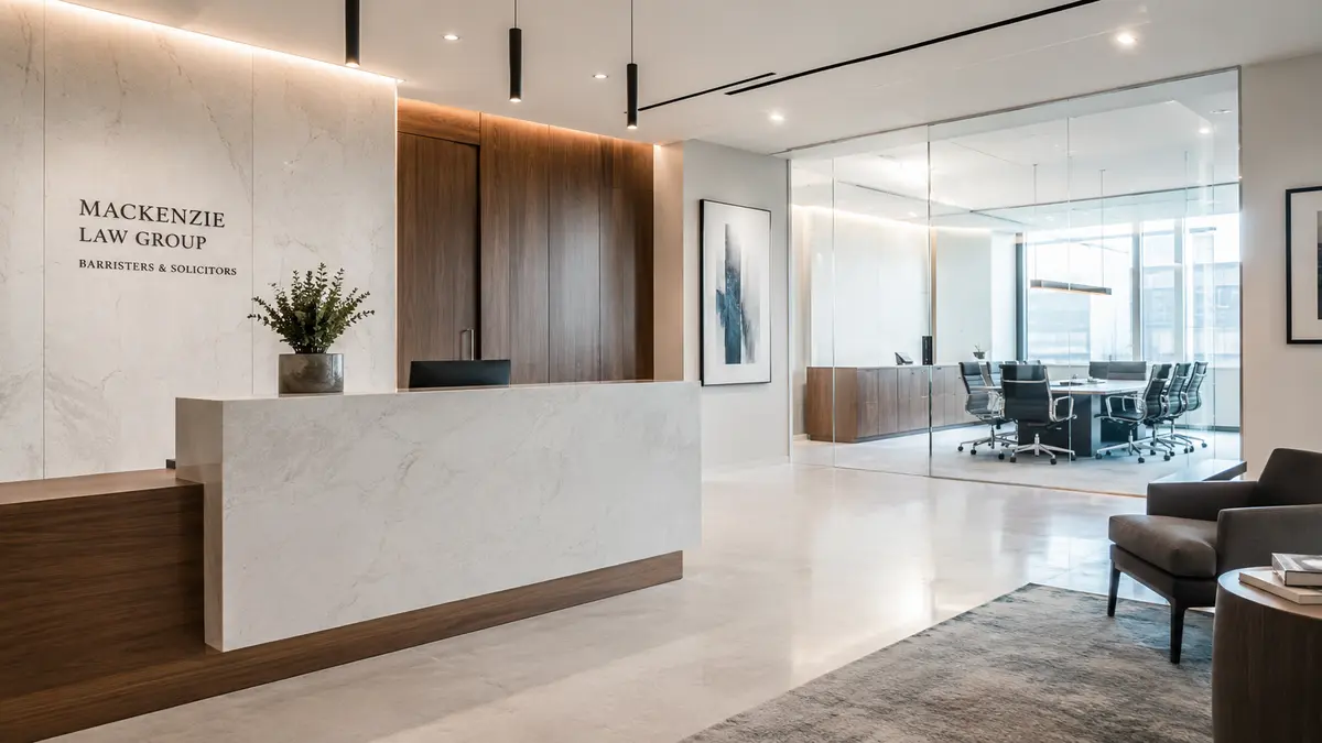The modern reception area of a Canadian law firm — professional, clean, and contemporary — representing the credibility at stake in AI-driven search visibility.