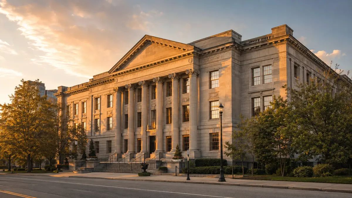 Wide angle editorial photo of a stately neoclassical Canadian government or law society style building in warm golden hour light, with tall stone columns, broad steps, trees framing the façade, and a quiet street in the foreground.