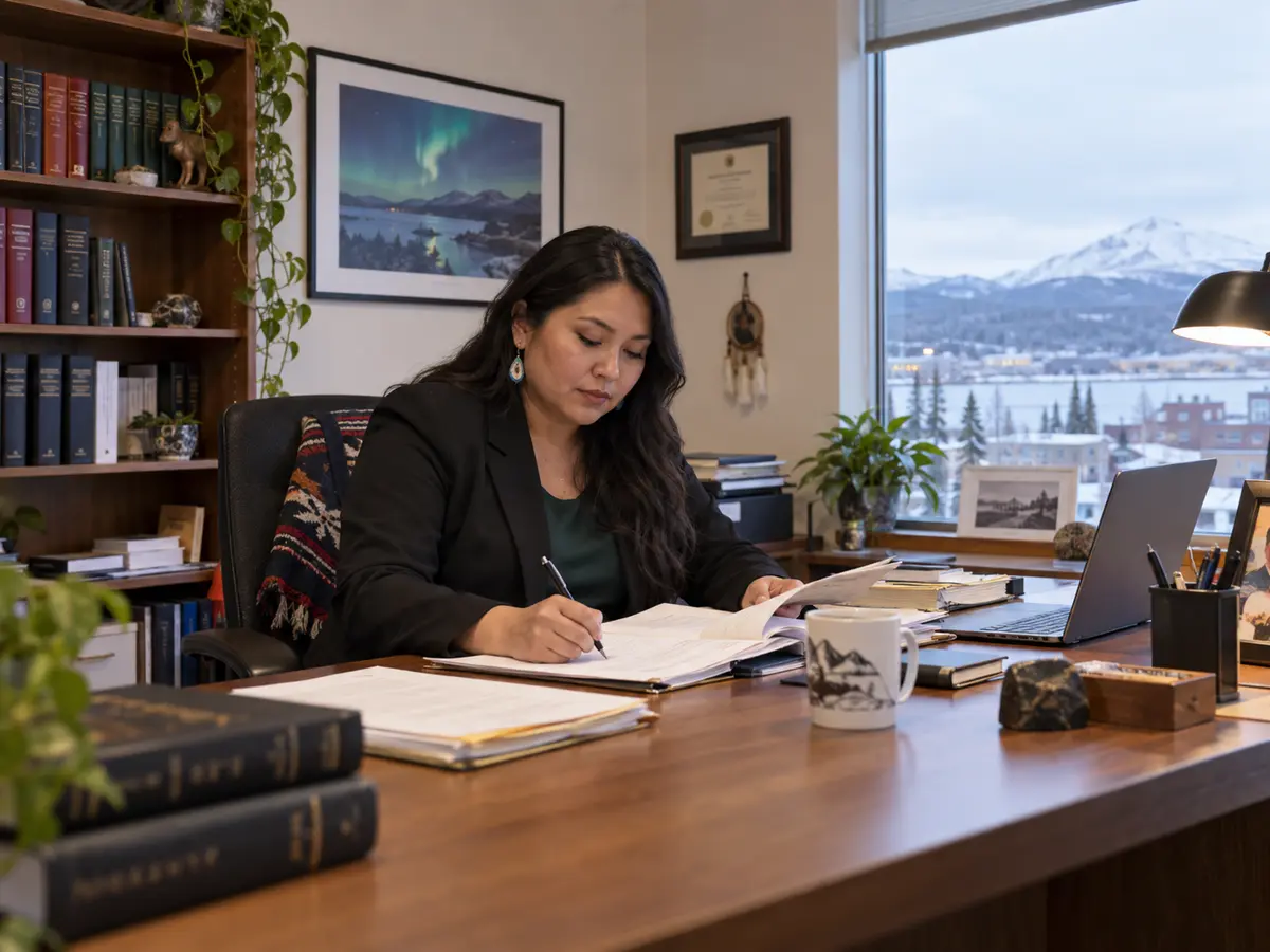 Lawyer working through paperwork in a modest, well-organized office, with bookshelves, a laptop, and a snowy small-community northern landscape visible through the window.