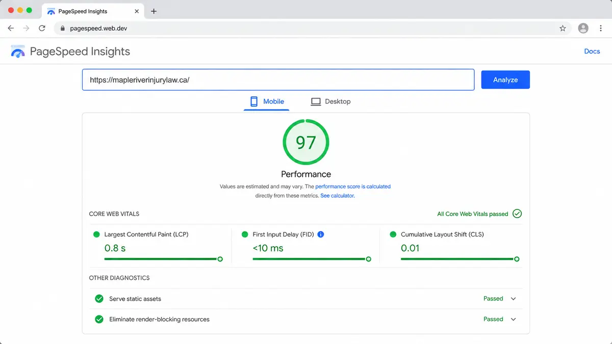 Google PageSpeed Insights mockup showing a fictional Canadian personal injury law firm website with a mobile performance score of 97 and passing Core Web Vitals.