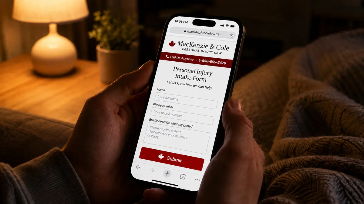 Hands holding a smartphone at night while viewing a mobile personal injury intake form for MacKenzie & Cole Personal Injury Law, with fields for name, phone number, and accident details, plus a red submit button.