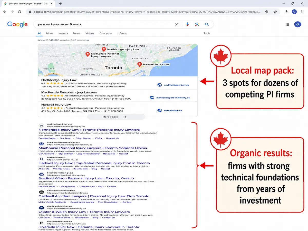 Annotated Google search results page for "personal injury lawyer Toronto," showing a local 3-pack map listing and multiple fictional organic law firm results, with red callouts highlighting the limited map-pack spots and the depth of organic competition.