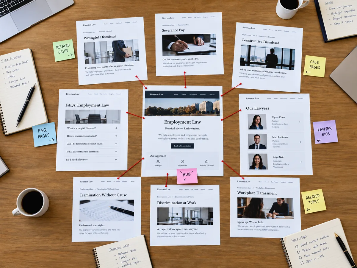 Overhead view of law firm website mockups arranged around a central practice area page, with connecting lines to related pages, FAQs, and lawyer profiles.
