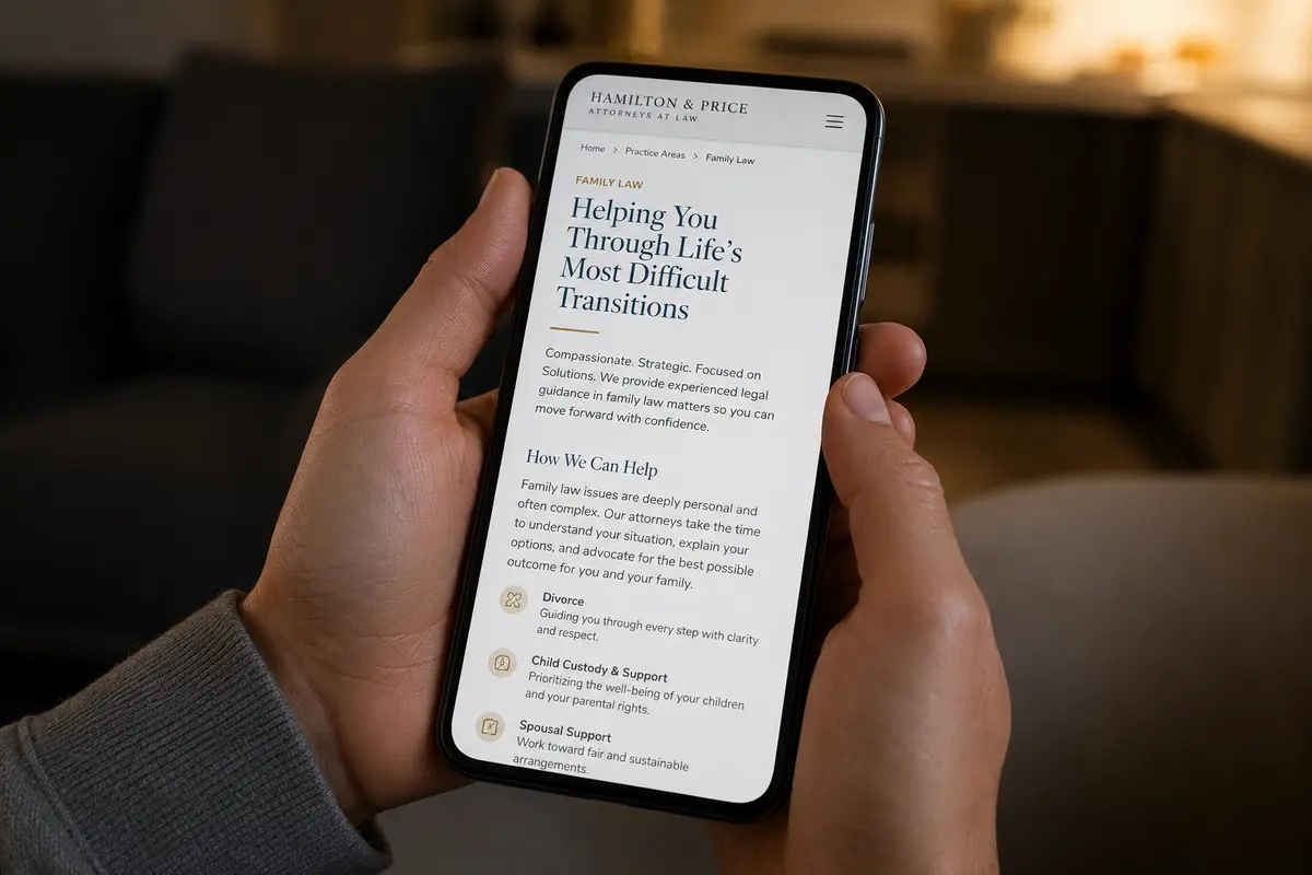 Hands holding a smartphone in warm evening light, reading a clean family law firm webpage with clear text and a simple mobile layout.
