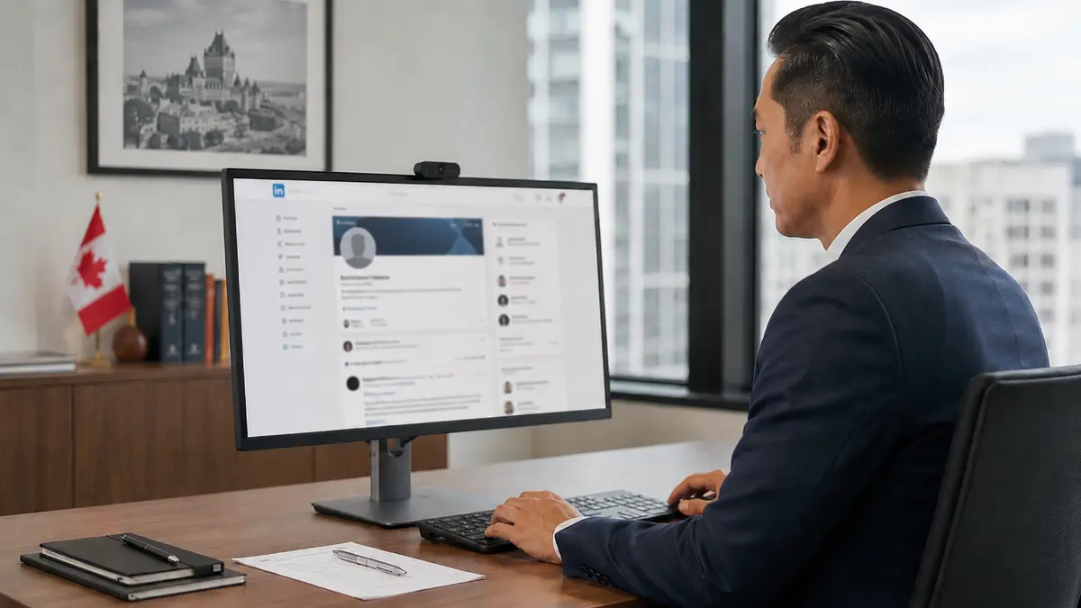 Professional in a modern Canadian office reviewing a LinkedIn profile on a desktop monitor, with a Quebec themed framed photo and Canadian flag in the background.