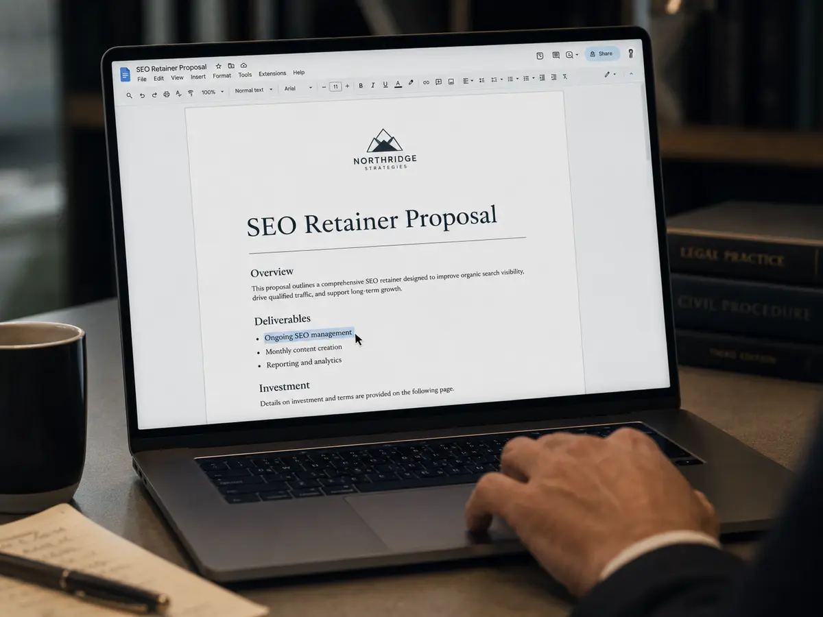 Close-up of a lawyer reviewing a fictional SEO retainer proposal on a laptop, with the cursor highlighting the vague deliverable "Ongoing SEO management."