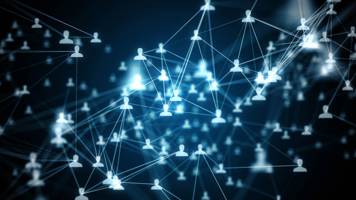A 3d-rendering of a computer network with many people and sources of trust.