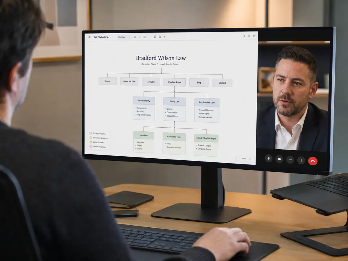 Over the shoulder view of an agency team member at a desk, sharing a screen during a video call. The monitor shows a sitemap for a fictional Canadian law firm website, with navigation sections and practice area pages, while a client in professional attire appears in a video call window on the right side of the screen.