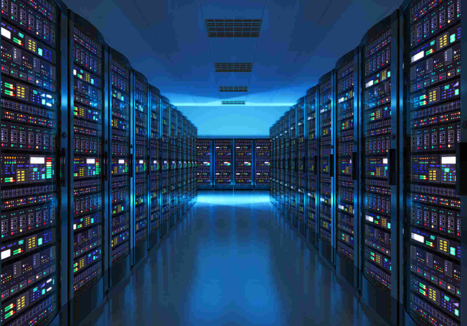 Rows of server rack hardware in the interior of a modern datacenter