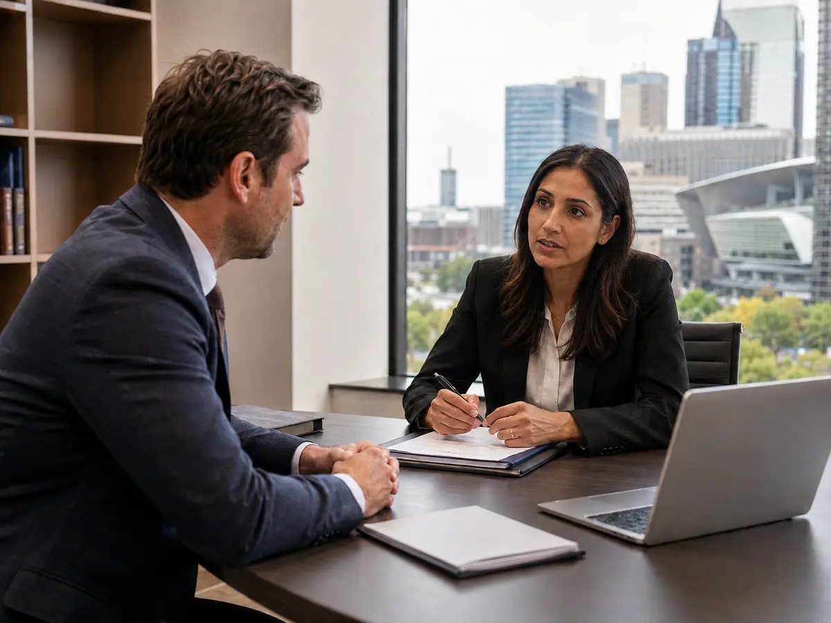 Lawyer and client in a focused consultation across a table in a modern Winnipeg office, with the downtown skyline visible through the window behind them.
