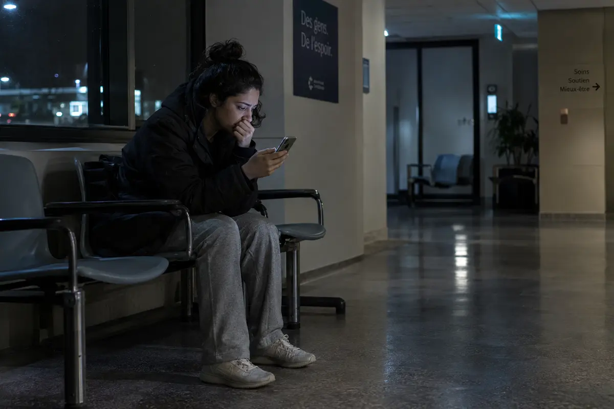 A worried person sits alone in a dim waiting area at night, leaning forward and looking intently at a smartphone.