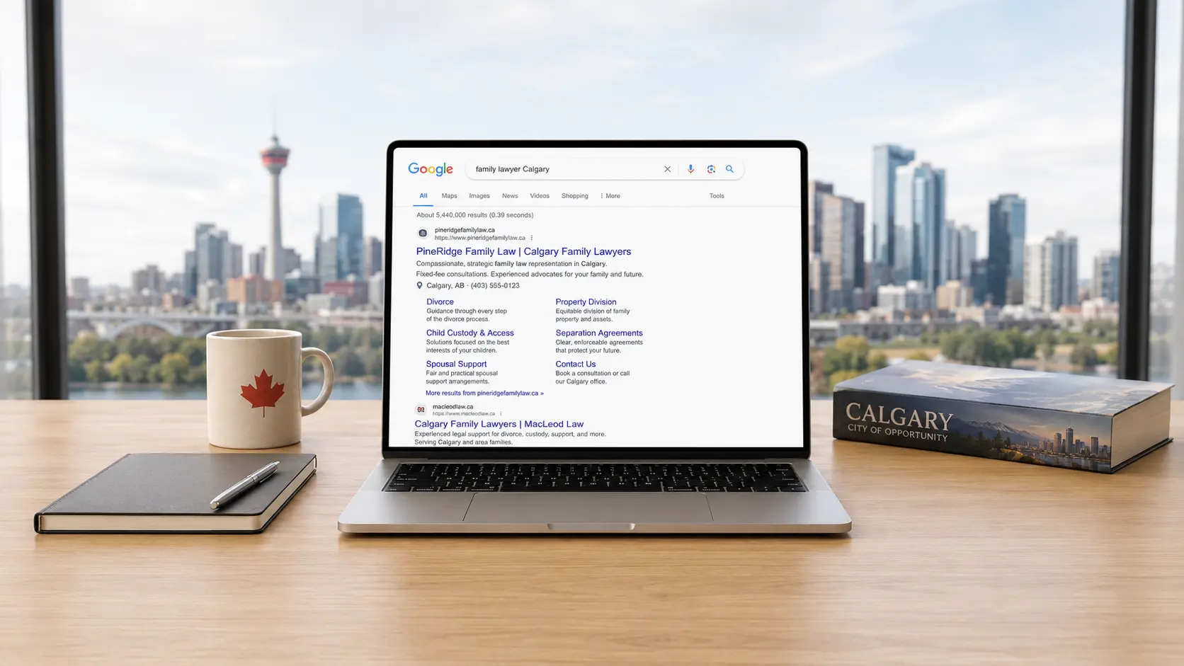 Google search results page showing a Calgary law firm ranking at the top for a local legal search query