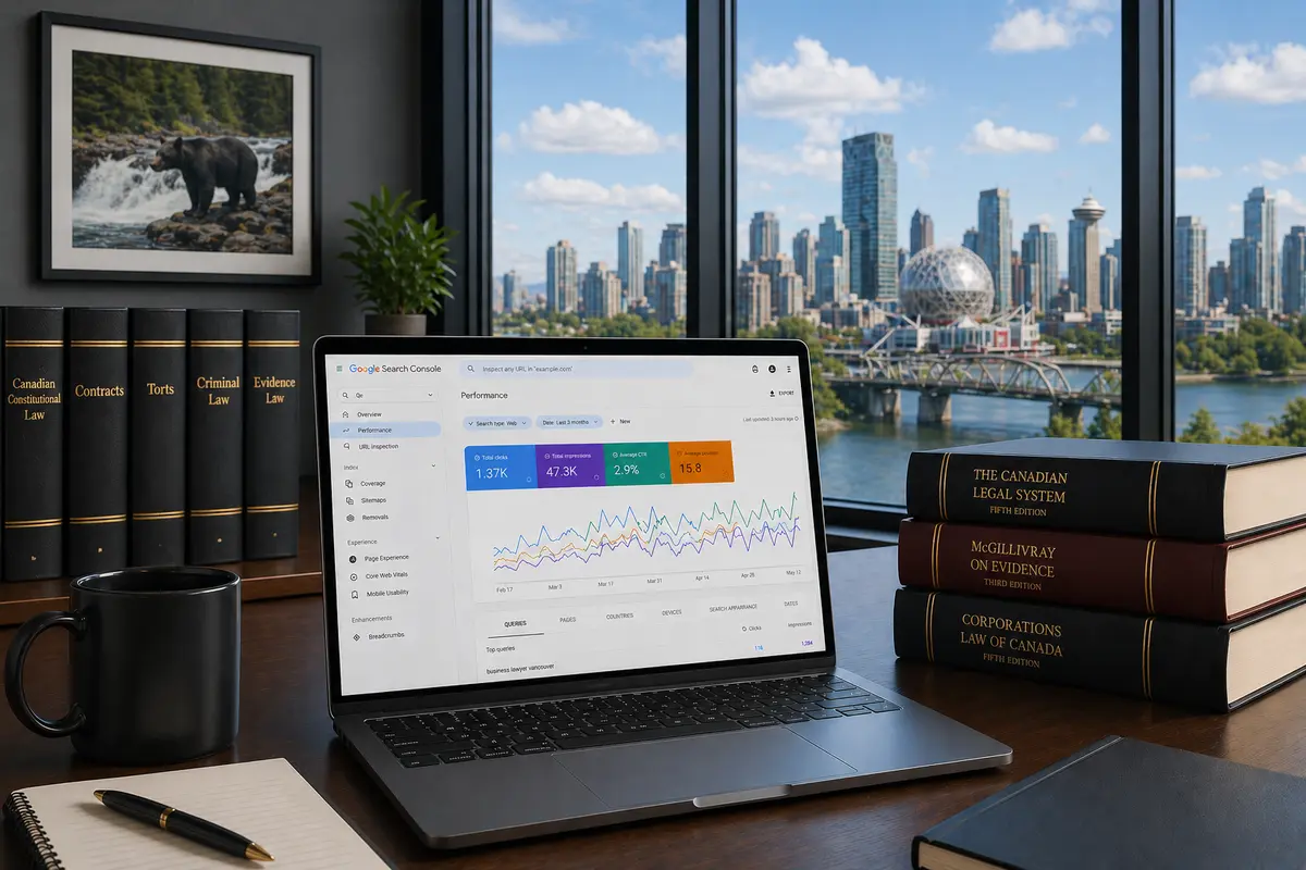 Laptop showing Google Search Console performance dashboard on a desk with Canadian law books and a city skyline visible through the window