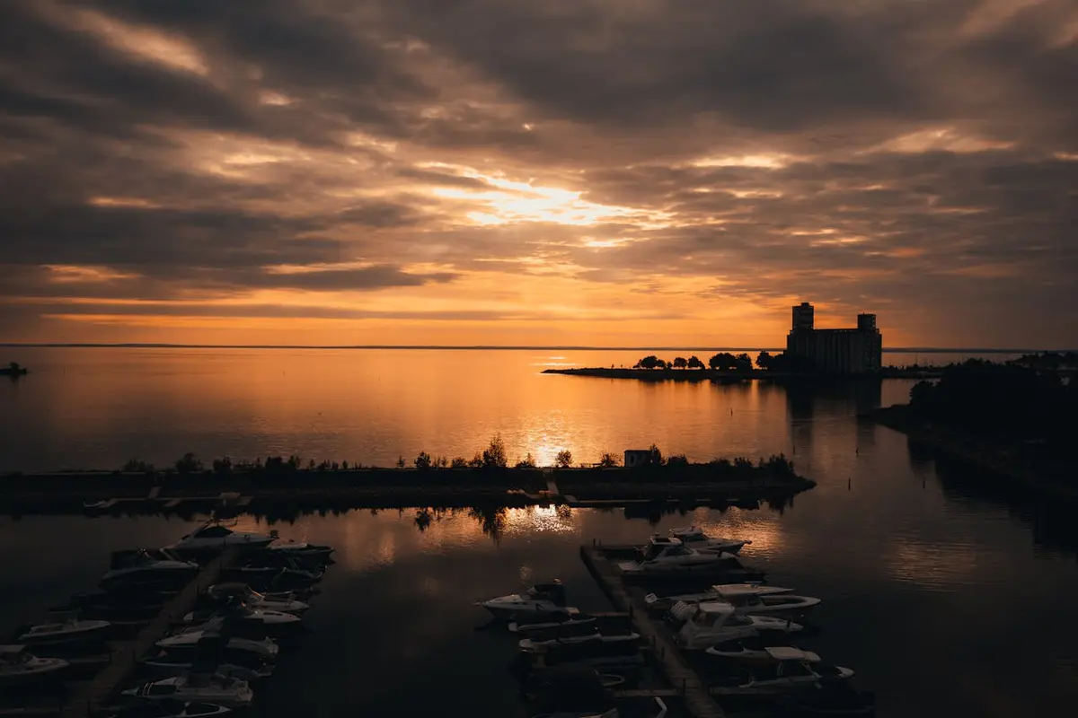 The sun sets over the marina in Collingwood, Ontario