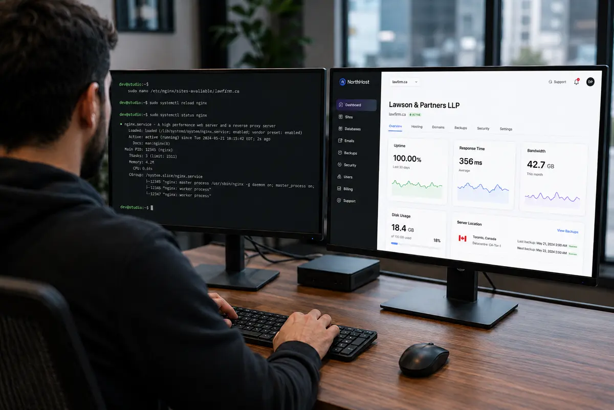 Over the shoulder view of a developer configuring a hosting environment at a modern workstation, with one monitor showing server configuration commands and the other showing a hosting dashboard with uptime, response time, bandwidth, and server location metrics for a Canadian law firm.