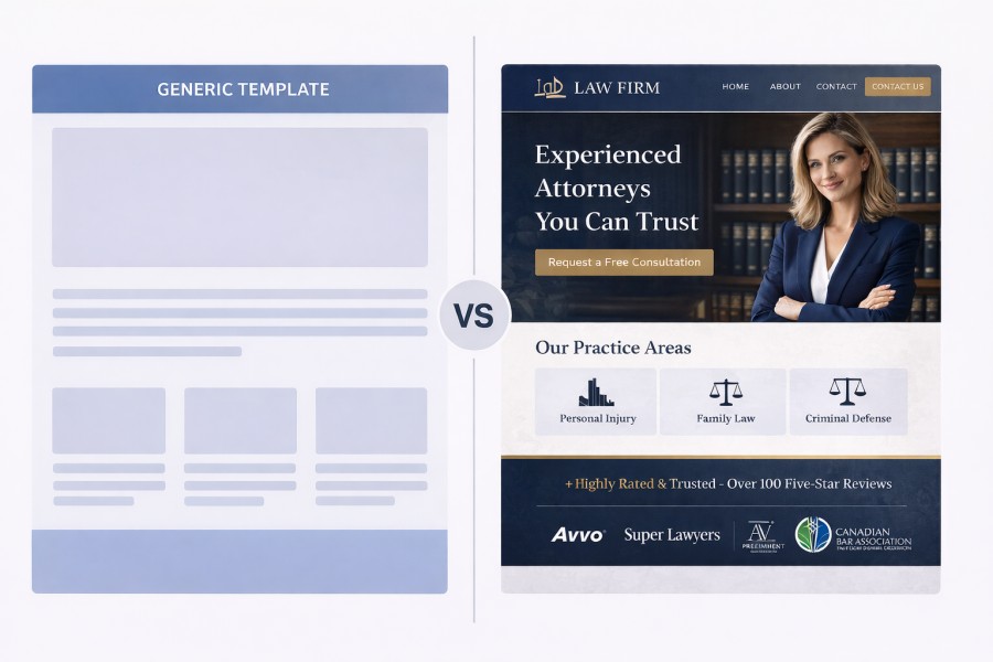 Split-screen comparison of a generic DIY website template versus a professionally designed law firm website