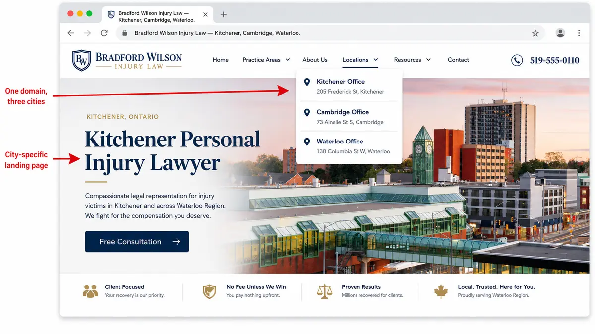 Browser mockup of a fictional Waterloo Region personal injury law firm website, showing a 'Locations' dropdown listing separate pages for Kitchener, Cambridge, and Waterloo offices. Annotated to illustrate the tri-city location page architecture.