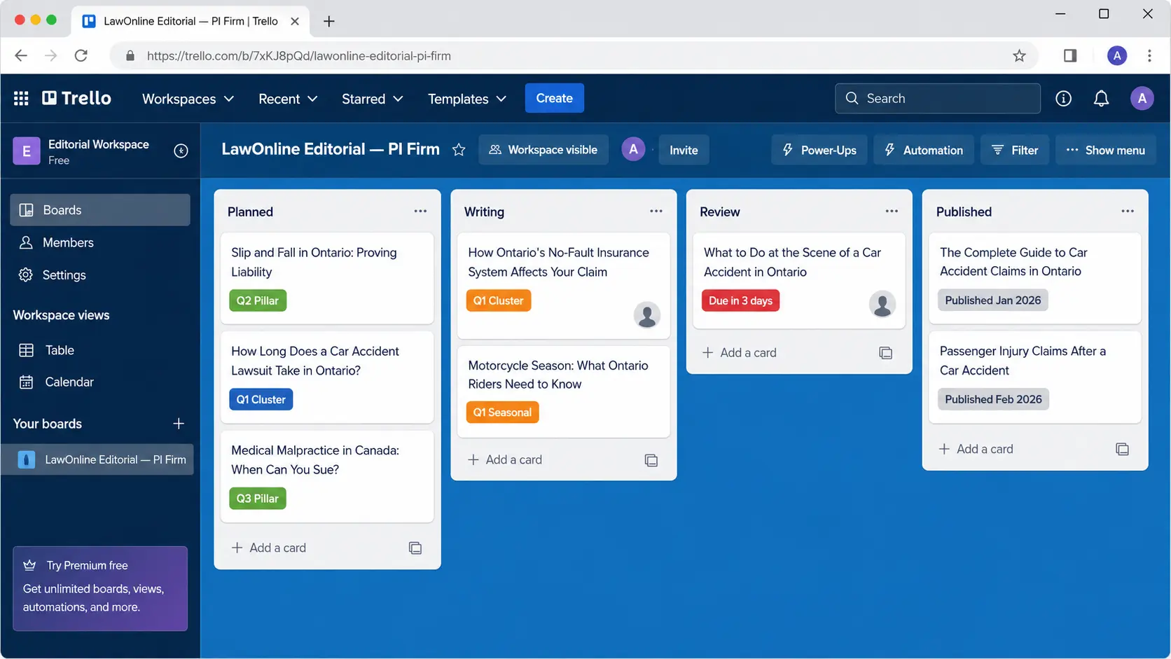 Screenshot mockup of a Trello editorial board titled "LawOnline Editorial — PI Firm," showing four workflow columns - Planned, Writing, Review, and Published - with personal injury law article cards moving through the content production process. Cards include topic labels such as Q2 Pillar, Q1 Cluster, Q1 Seasonal, and published dates, illustrating a law firm content calendar workflow.