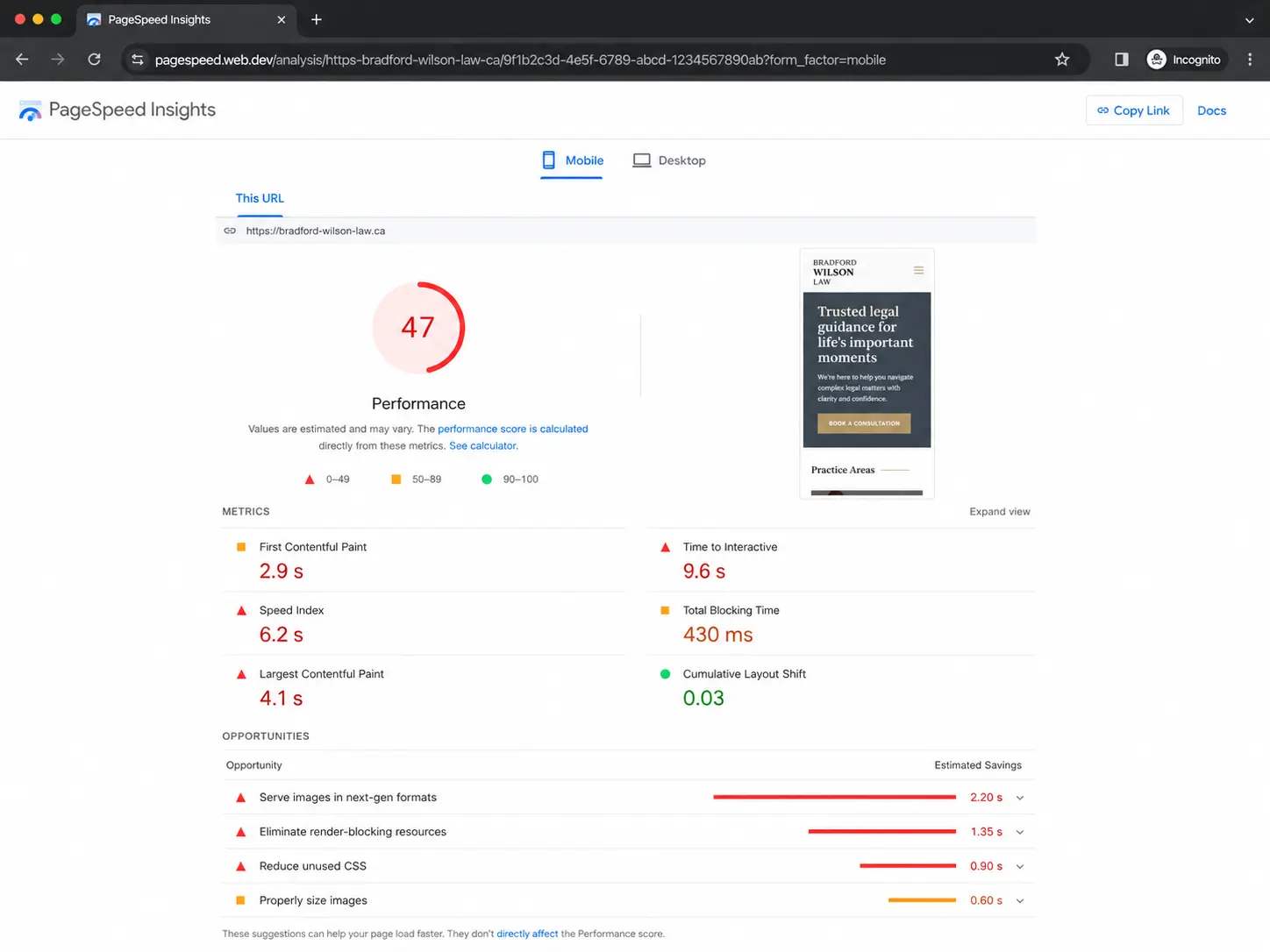 Screenshot of a Google PageSpeed Insights mobile report for the fictional domain bradford-wilson-law.ca, showing a poor performance score of 47, a mobile preview of the homepage, and key issues under Opportunities including serve images in next-gen formats, eliminate render-blocking resources, reduce unused CSS, and properly size images.