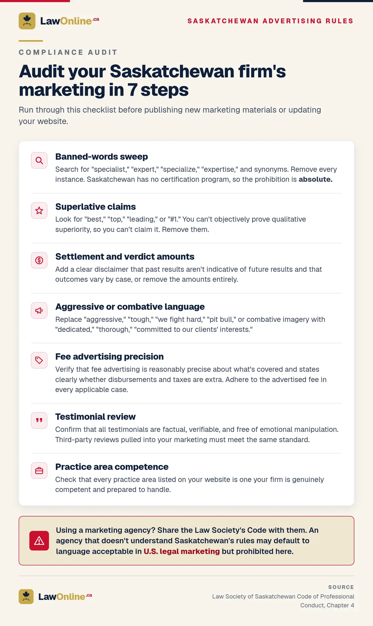 Seven-step Saskatchewan marketing compliance checklist: sweep for banned specialist and expert terms, cut superlative claims, add disclaimers to settlement amounts, replace aggressive language, verify fee advertising precision, review testimonials, and confirm practice area competence.