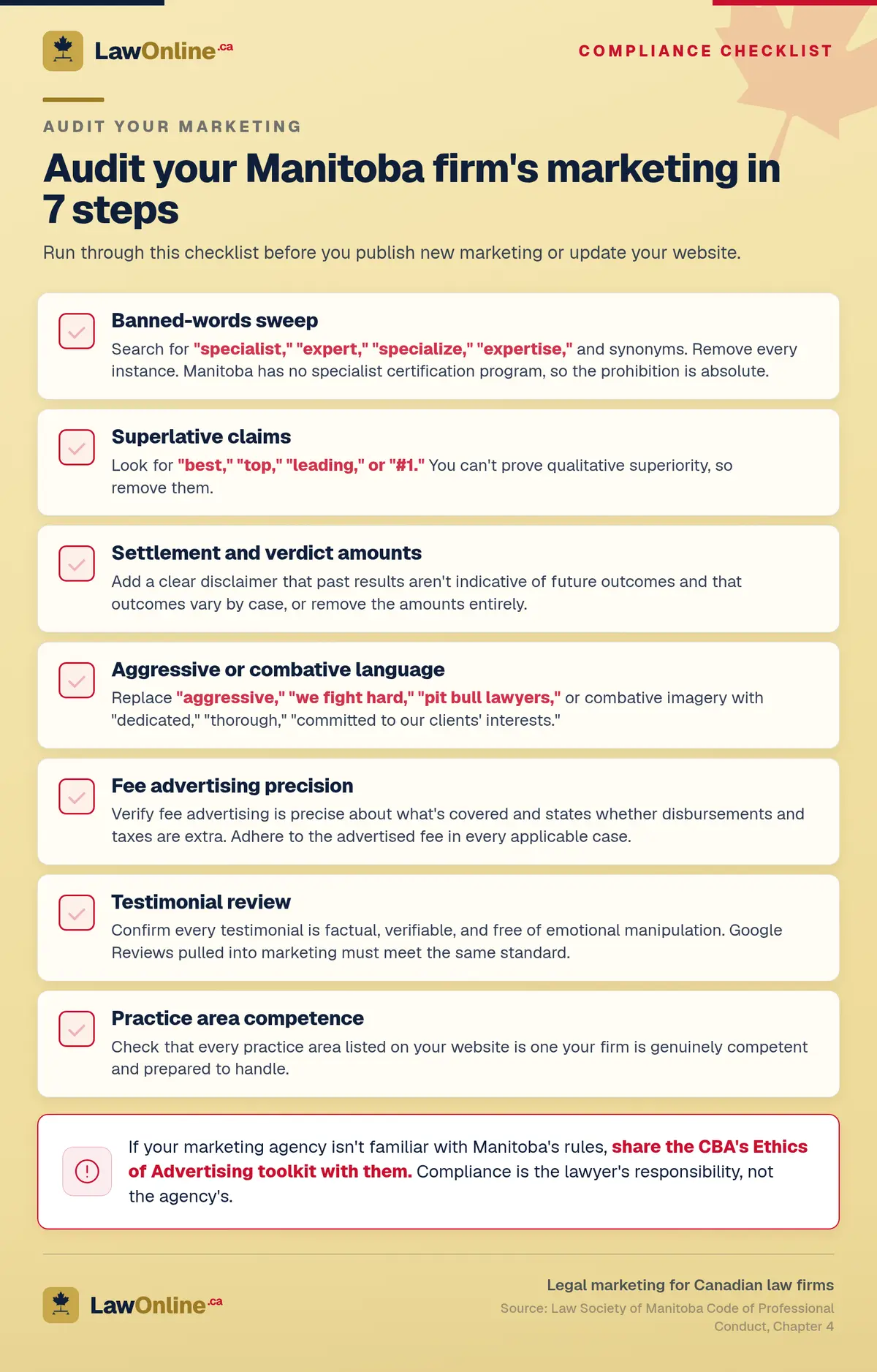 A seven-step audit for Manitoba law firm marketing, from banned specialist terms to fee precision and testimonial checks.