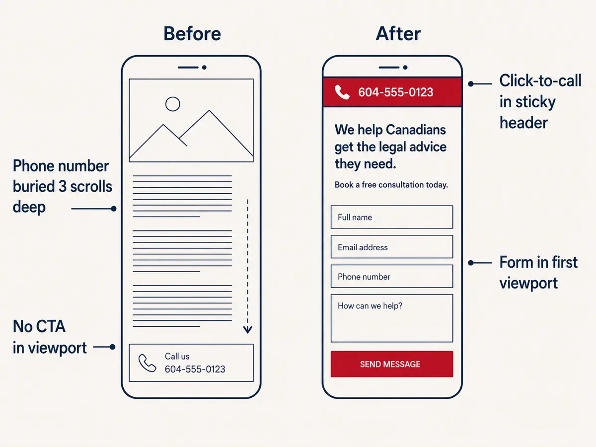Before-and-after mobile UX wireframe illustration on a cream background. The left phone, labelled "Before," shows a large image, dense text blocks, and a phone number buried at the bottom, with annotation callouts reading "Phone number buried 3 scrolls deep" and "No CTA in viewport." The right phone, labelled "After," shows a red sticky header with a click-to-call number, a clear headline, and a contact form visible in the first screen, with callouts reading "Click-to-call in sticky header" and "Form in first viewport."