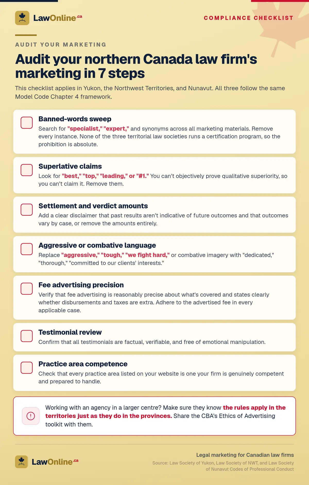 Gold parchment checklist titled Audit Your Northern Canada Law Firm's Marketing in 7 Steps, with seven empty red checkboxes covering banned words, superlative claims, settlement-amount disclaimers, aggressive language, fee-advertising precision, testimonial review, and practice-area competence, plus an agency callout to share the CBA's Ethics of Advertising toolkit.