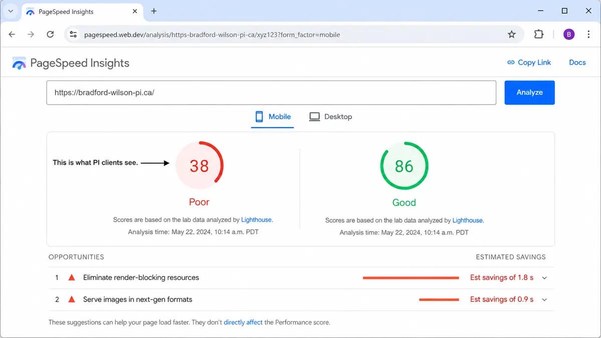 PageSpeed Insights screenshot for the fictional domain bradford-wilson-pi.ca showing a side-by-side performance comparison: Mobile score 38 in red labelled Poor, Desktop score 86 in green labelled Good. A black annotation arrow points to the mobile score with the note, "This is what PI clients see." Below, the Opportunities section lists "Eliminate render-blocking resources" with estimated savings of 1.8 s and "Serve images in next-gen formats" with estimated savings of 0.9 s.