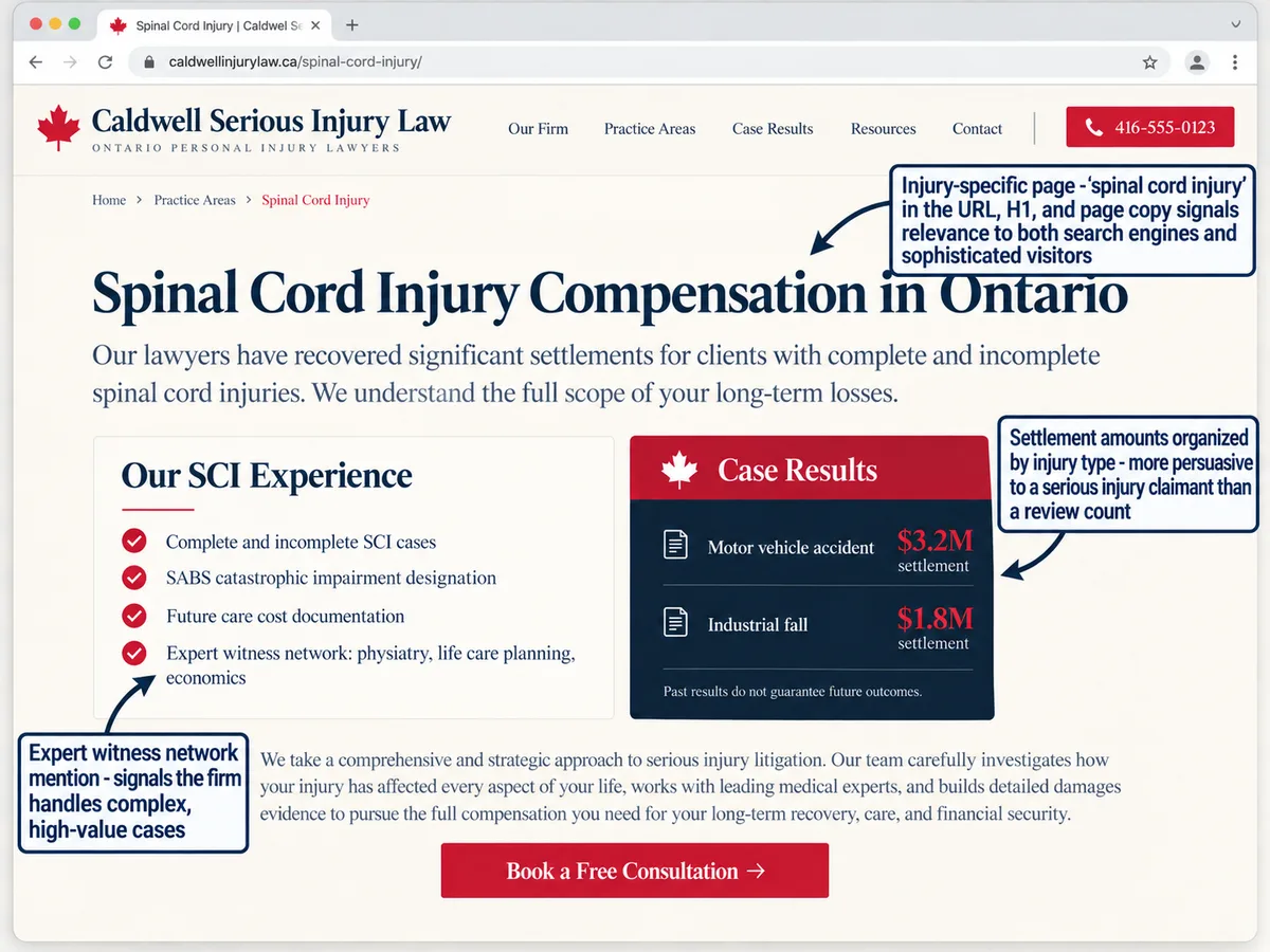 Annotated mockup of a spinal cord injury law firm webpage highlighting injury-specific content, settlement results, and expert witness experience.