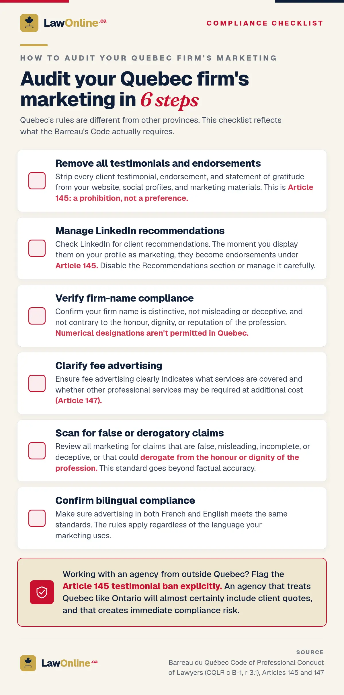 A six-step checklist for auditing a Quebec law firm's marketing against the Barreau's Code.