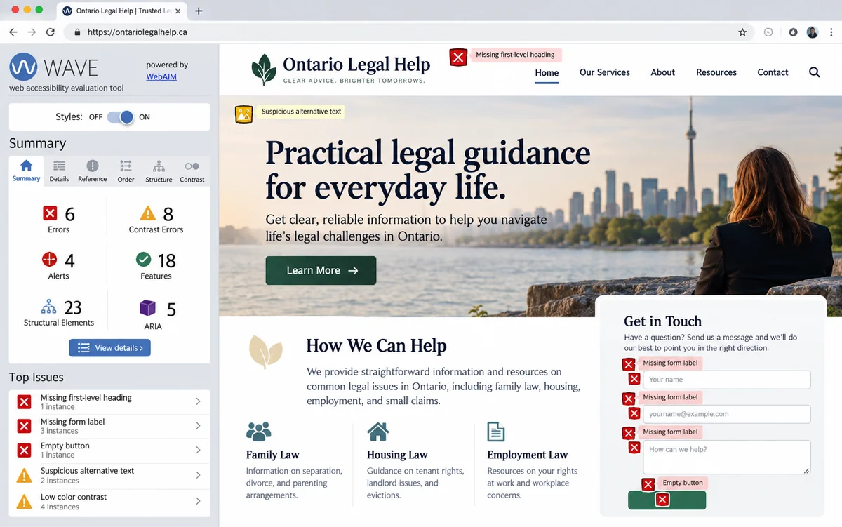 WAVE accessibility checker results for a legal information website, showing 6 errors and 8 contrast errors, with red flags marking a missing first-level heading, three unlabelled form fields and an empty submit button