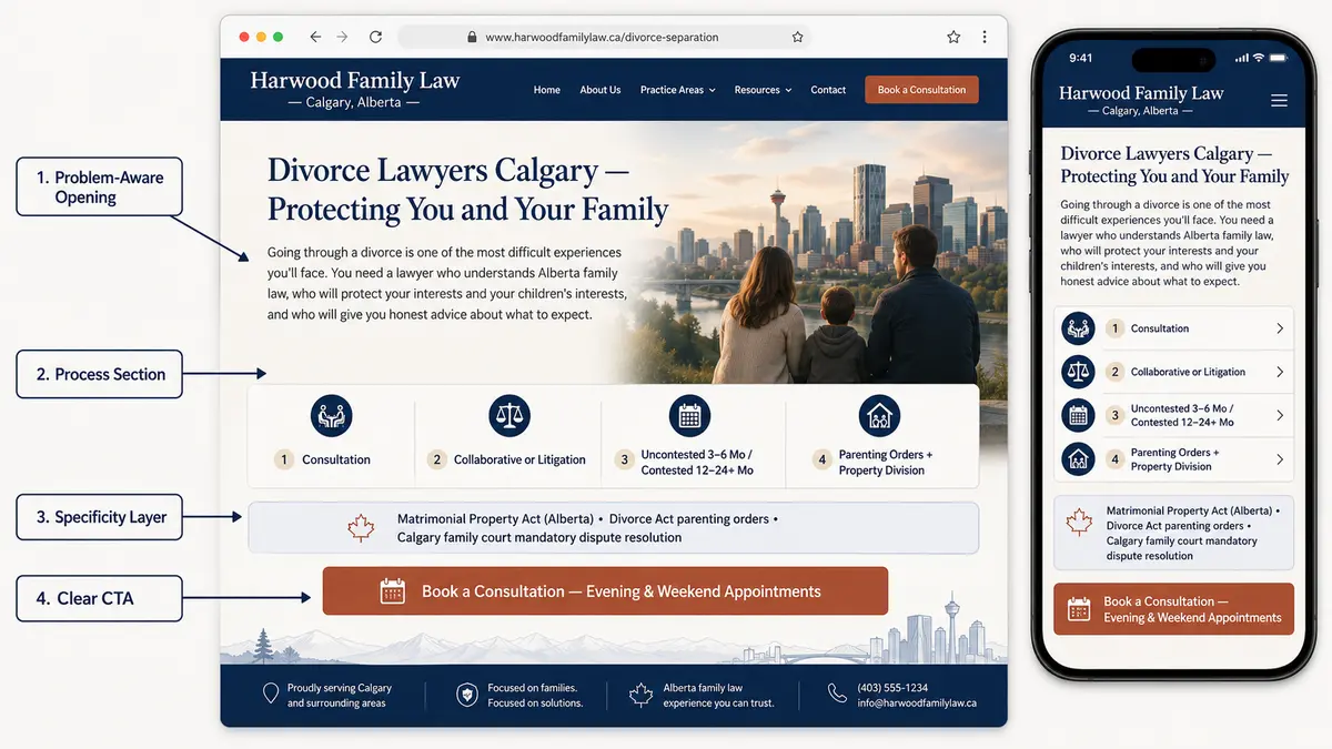 Annotated desktop and mobile mockup of a fictional Harwood Family Law Calgary divorce page, highlighting the problem aware opening, process section, Alberta specific legal details, and consultation CTA.