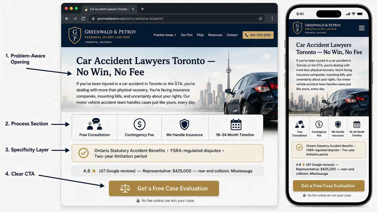 Annotated desktop and mobile UI mockup of a fictional Toronto law firm website page for Greenwald & Petrov Personal Injury Lawyers. The page headline reads "Car Accident Lawyers Toronto — No Win, No Fee" and includes an opening paragraph for injured drivers in Toronto and the GTA, a four step process strip, an Ontario specific credibility callout about statutory accident benefits, FSRA regulated disputes, and the two year limitation period, social proof with Google reviews and a representative result, and a gold "Get a Free Case Evaluation" button. Four callout arrows label the key sections: problem aware opening, process section, specificity layer, and clear CTA.
