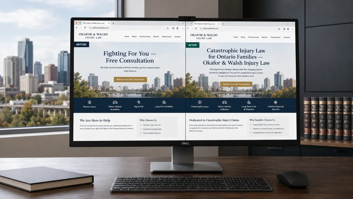 Desktop monitor showing a before and after comparison of personal injury law firm homepage messaging, with the generic headline "Fighting For You" replaced by a more specific catastrophic injury positioning statement for Ontario families.