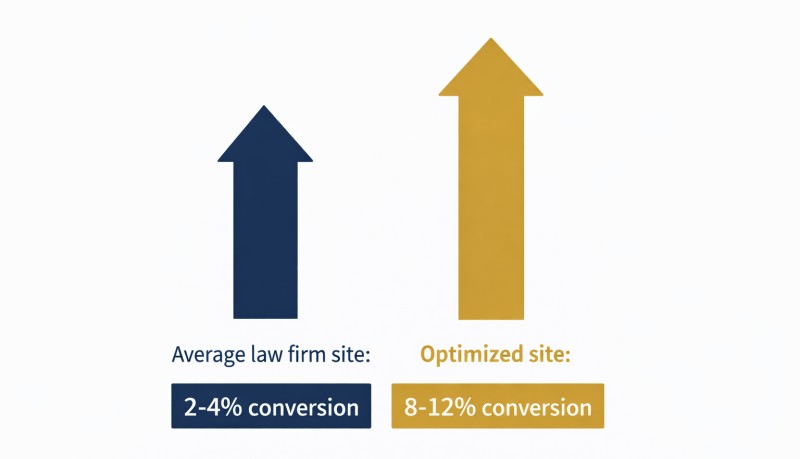 Infographic comparing average law firm website conversion rates of 2-4% versus optimized sites at 8-12%
