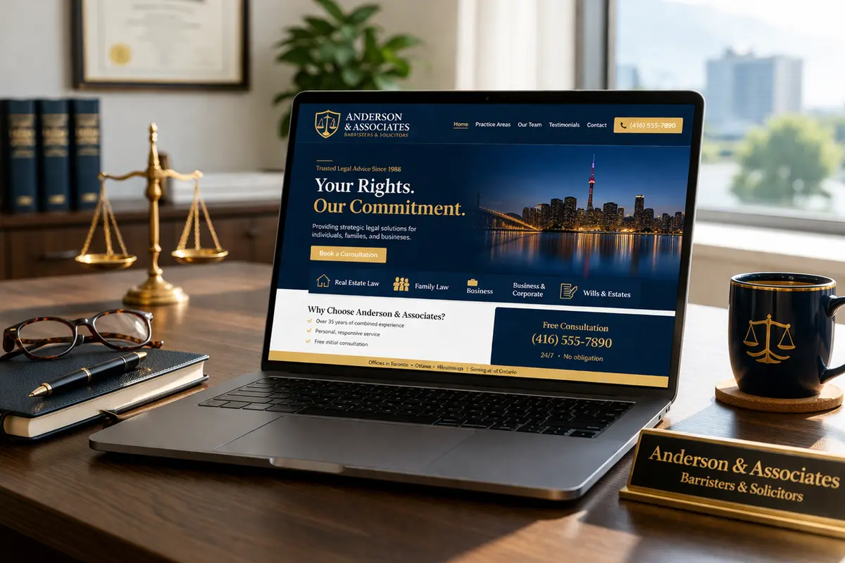 A modern law firm website displayed on a laptop, demonstrating professional legal web design
