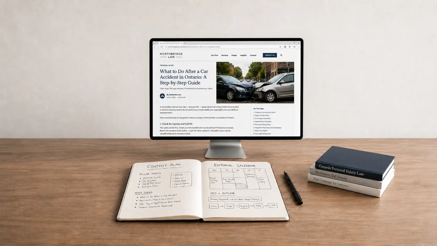 LawOnline content marketing plan for a Canadian law firm: editorial calendar and published article shown side by side