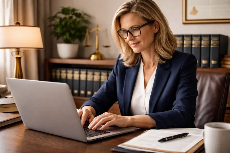 A professional content writer researching and writing legal marketing copy at a desk
