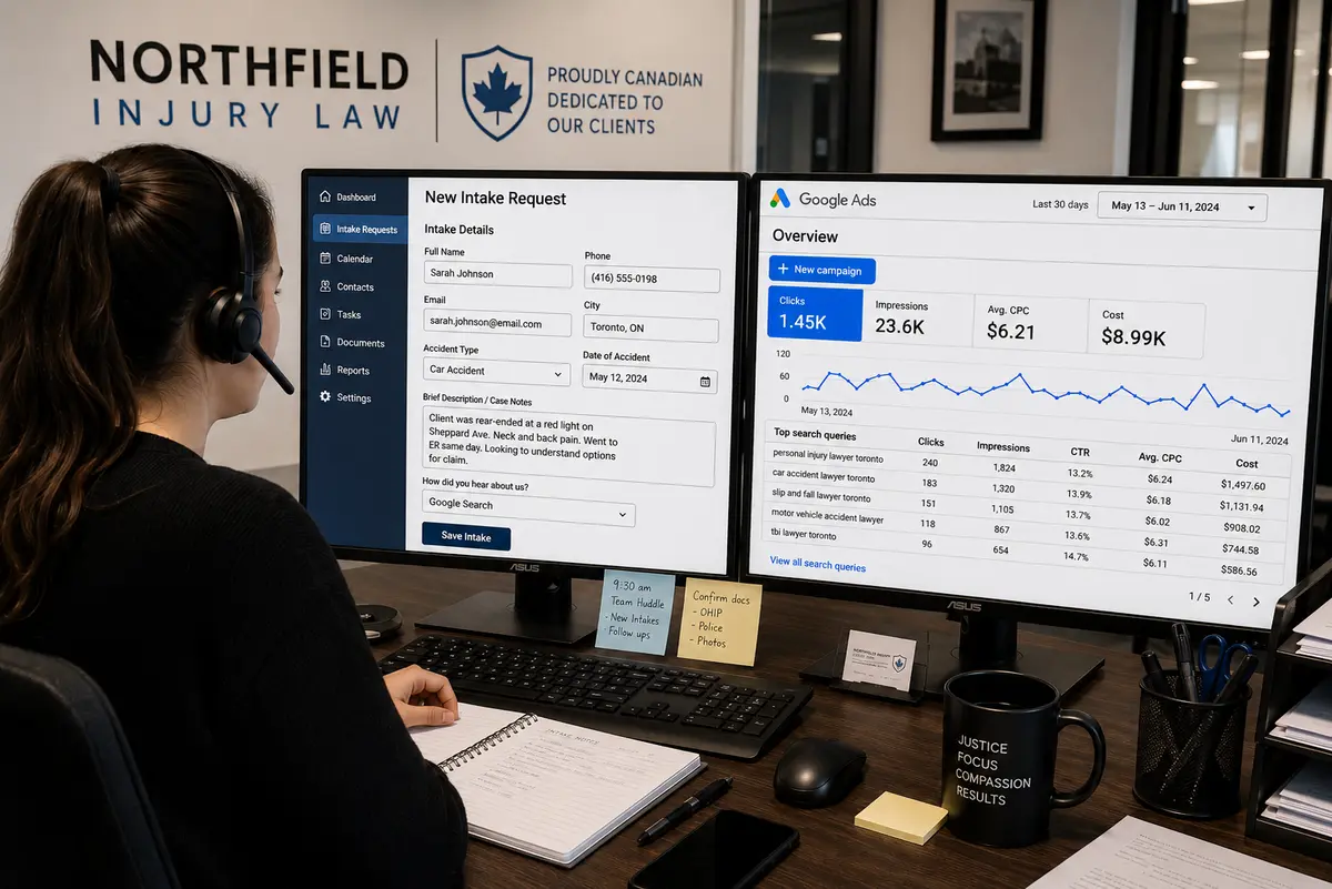 Paralegal or intake coordinator at a Canadian personal injury law firm reviewing a new consultation request at a dual monitor workstation, with one large screen showing an intake form and the other showing a Google Ads overview with personal injury search terms, in a professional office with a maple leaf shield wall logo.