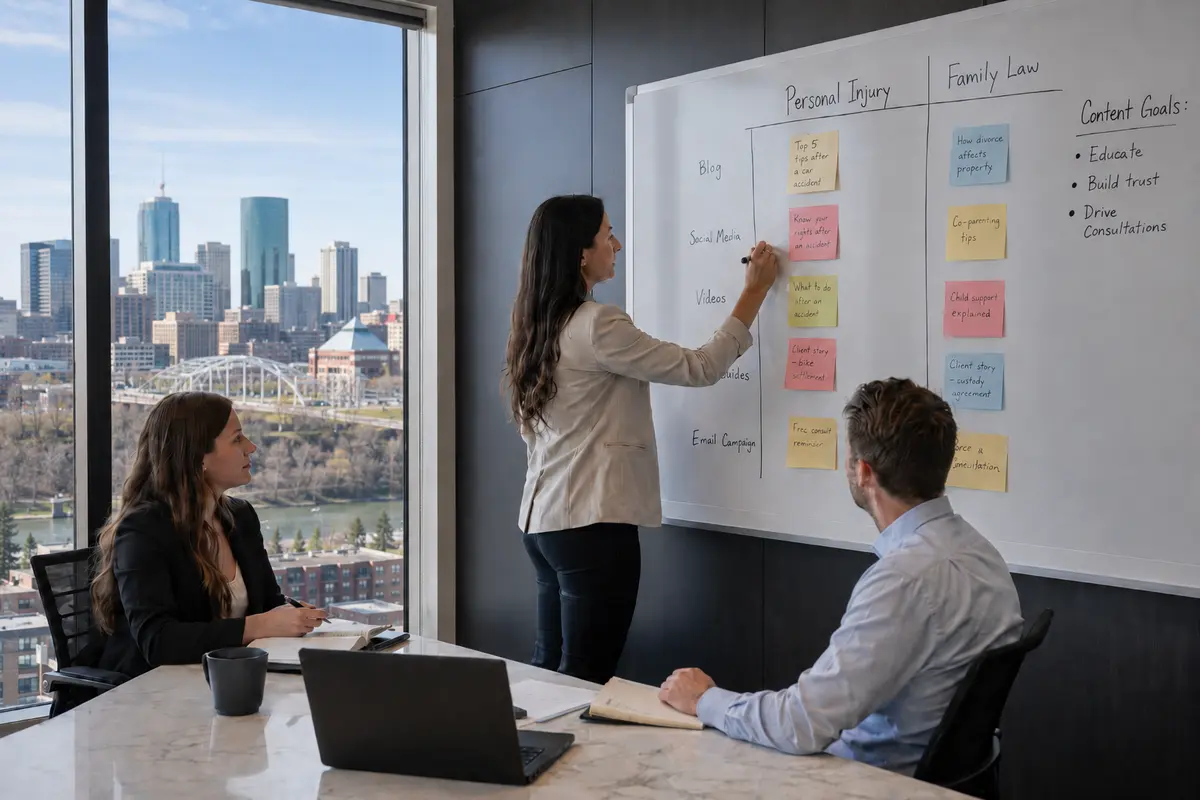Three legal marketing professionals plan content for personal injury and family law pages on a whiteboard in a modern Canadian law firm boardroom overlooking the Edmonton skyline.