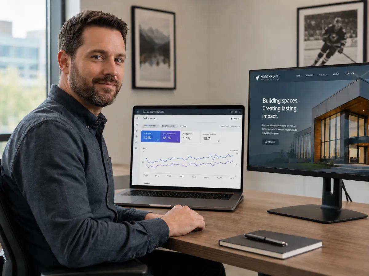 Canadian web consultant seated at a clean modern desk in a bright office, with a laptop showing Google Search Console Performance data and steady impressions over the past 30 days after a website migration, and a second monitor displaying the new website homepage. Framed wall art includes a hockey photo, reinforcing a subtle Canadian setting and a calm, successful post migration mood.