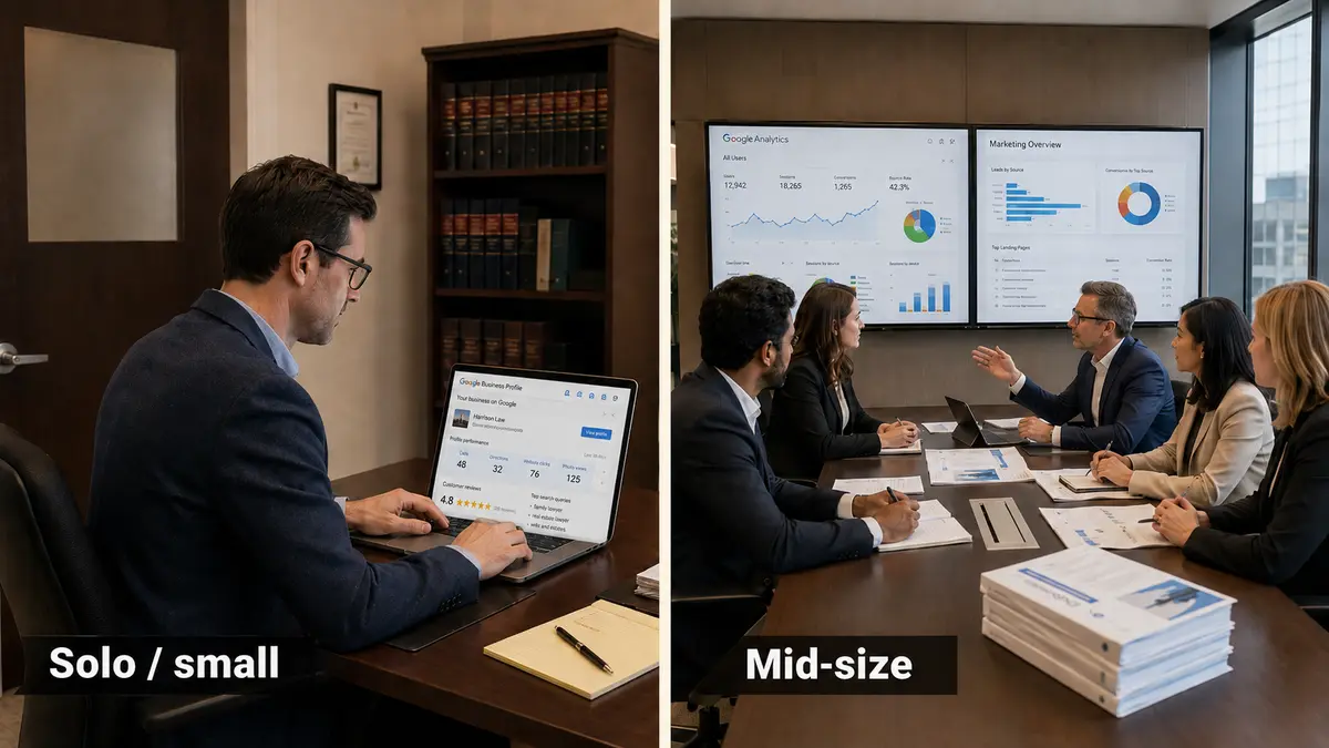 Split-screen editorial photo comparing law firm marketing setups: a solo lawyer reviews a Google Business Profile dashboard at a modest office desk, while a mid-size team discusses analytics in a boardroom.