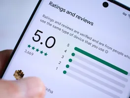 A mobile phone screen displaying a search results with a perfect 5.0 star review.