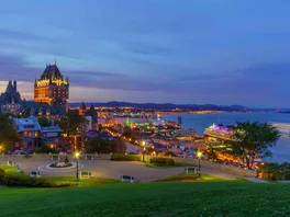 Sunset view of the old town and the Saint Lawrence River from the Citadel, Quebec City, Quebec, Canada