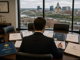 A lawyer reviews several marketing agency proposals spread across his desk, with downtown Saskatoon visible out the window