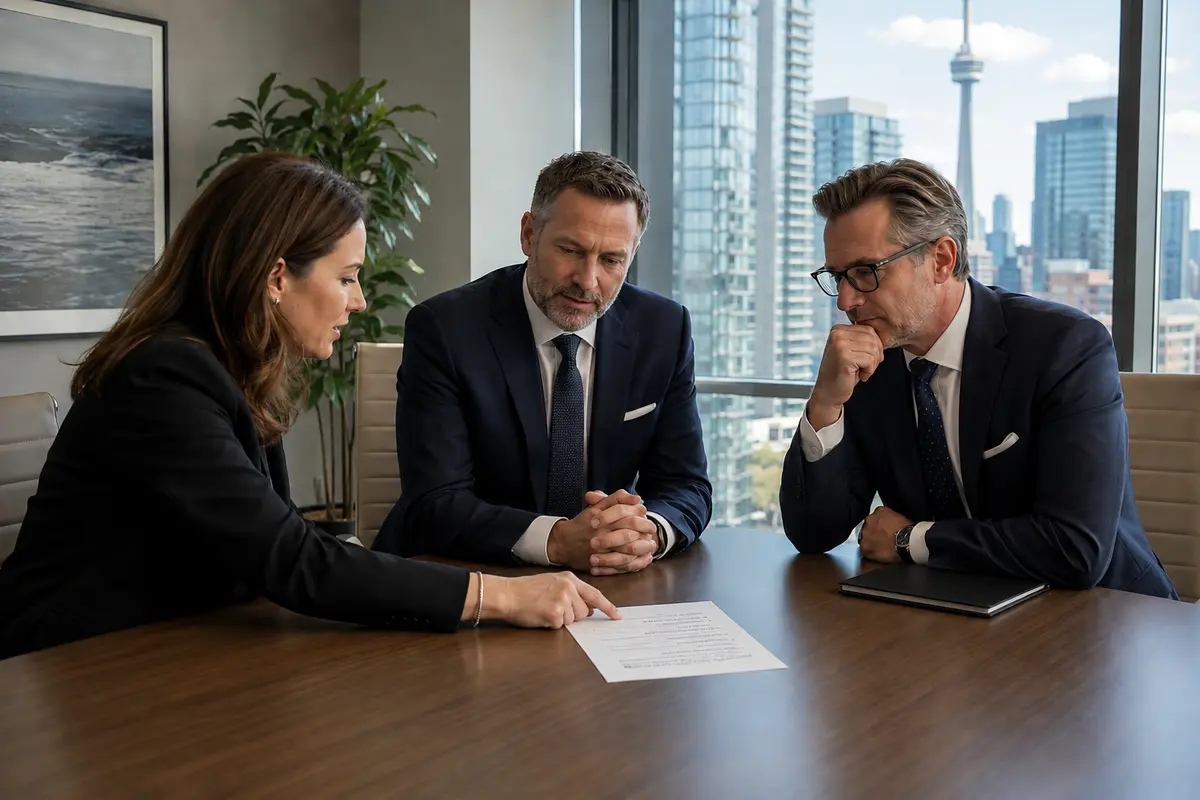 Two lawyers and a marketing consultant in business attire sit around a modern boardroom table, reviewing a printed brand positioning document in a bright office with the Toronto skyline visible through large windows.