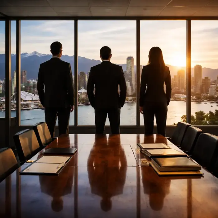 Attorney in a Canadian law office look out the window at the Vancouver skyline